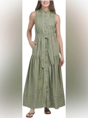 Avec Les Filles Sleeveless Olive Eyelet Maxi Dress with Tie Waist